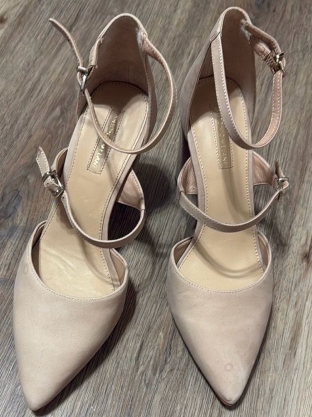 Antonio Melani Nude Leather Pointed Toe Ankle Strap Block Heels 9M